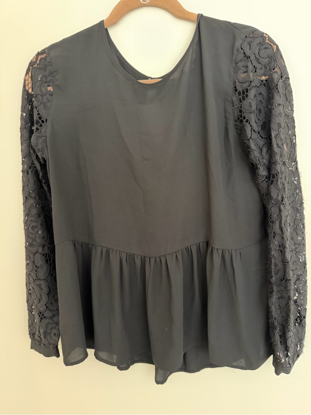 LOFT Black Peplum Blouse with Lace Sleeves